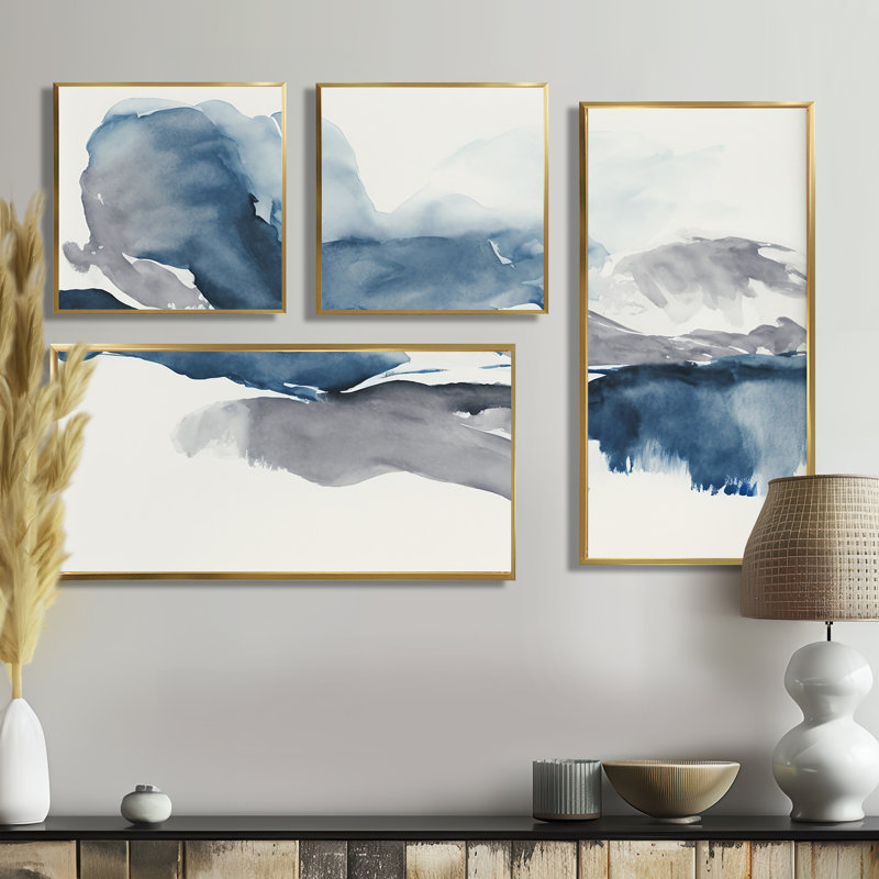 À travers les nuages bleus saphir I - art mural bleu sur toile 4 pièces, Impression encadrée sans passe-partout, Doré