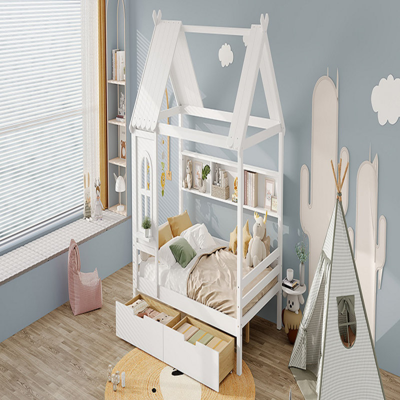 Lits doubles avec tiroirs de rangement et fenêtres, lit pour tout-petit avec structure en bois massif et tablettes. Un design ludique en blanc clair