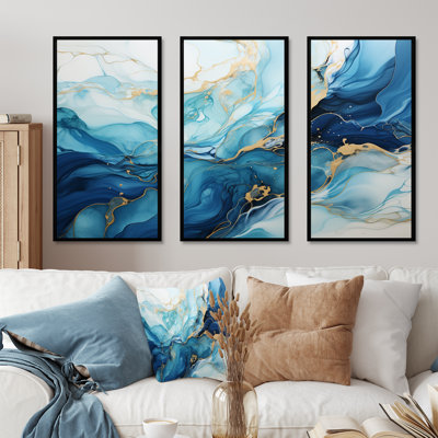 Liquide bleu et or tempête océanique - formes abstraites, ensemble d'art mural