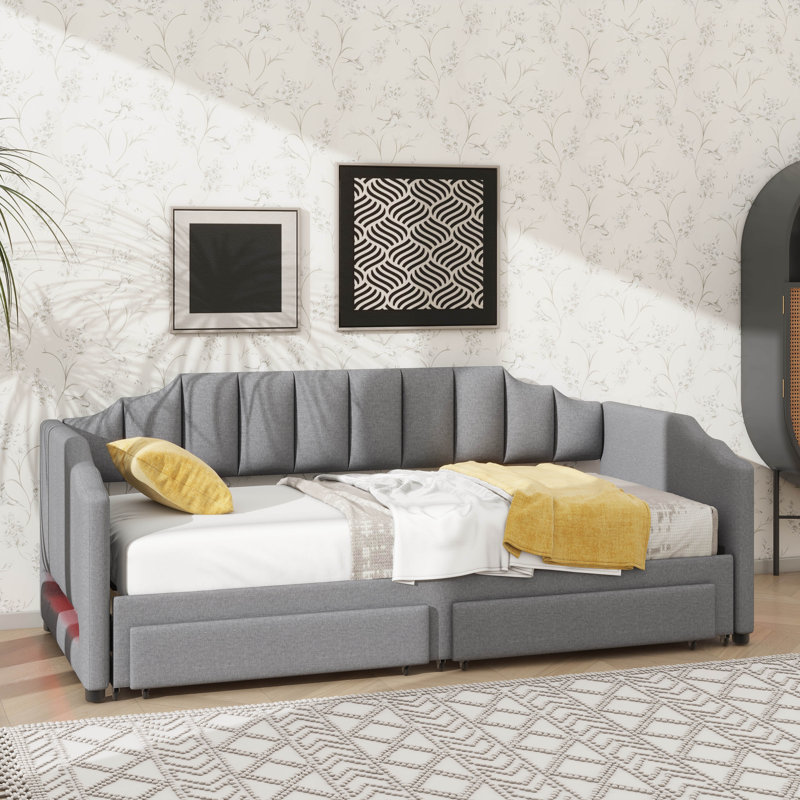Twin XL Daybed With Integrated Compartment & Pull-Out Trundle, Upholstered Design Featuring LED Lighting, Gray