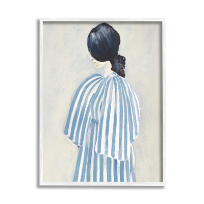 «Girl In Blue Striped Dress», peinture sur bois encadrée