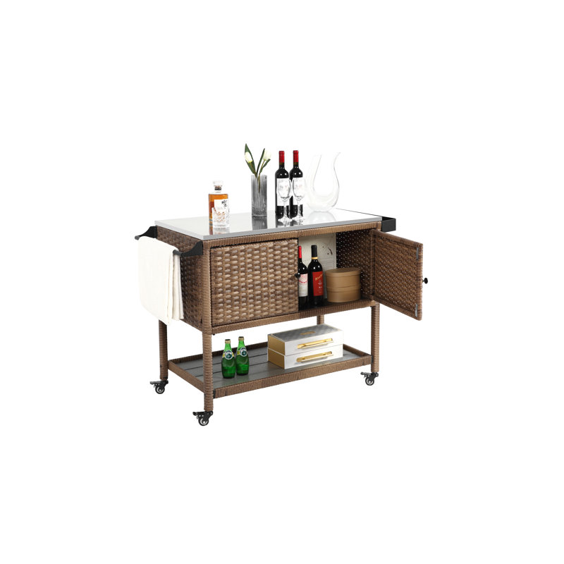 Outdoor Bar Cart With Wheels, Patio Wine Serving Cart With Storage Cabinet And Stainless Steel Table Top, Rolling Kitchen Island For Patio Backyard Garden Kitchen, Brown