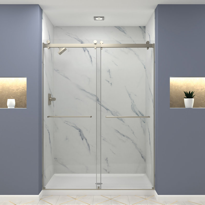 Porte de douche coulissante sans cadre de 60 po Transolide Brooklyn, verre transparent, Nickel
