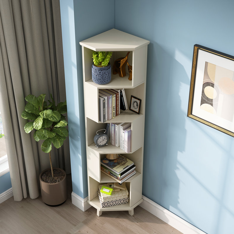 Solid Wood Corner Bookcase, White, (5 Shelves) 182.1cm H x 44.5cm W x 44.5cm D