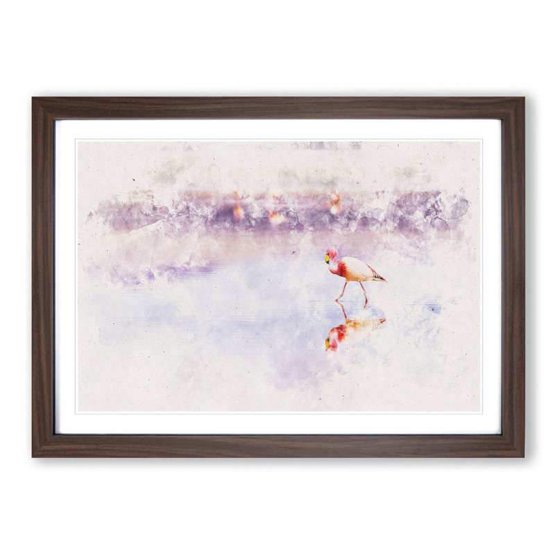 Flamingo Reflection - Picture Frame Painting Print, 36cm H x 48cm W x 2cm D, Walnut Framed