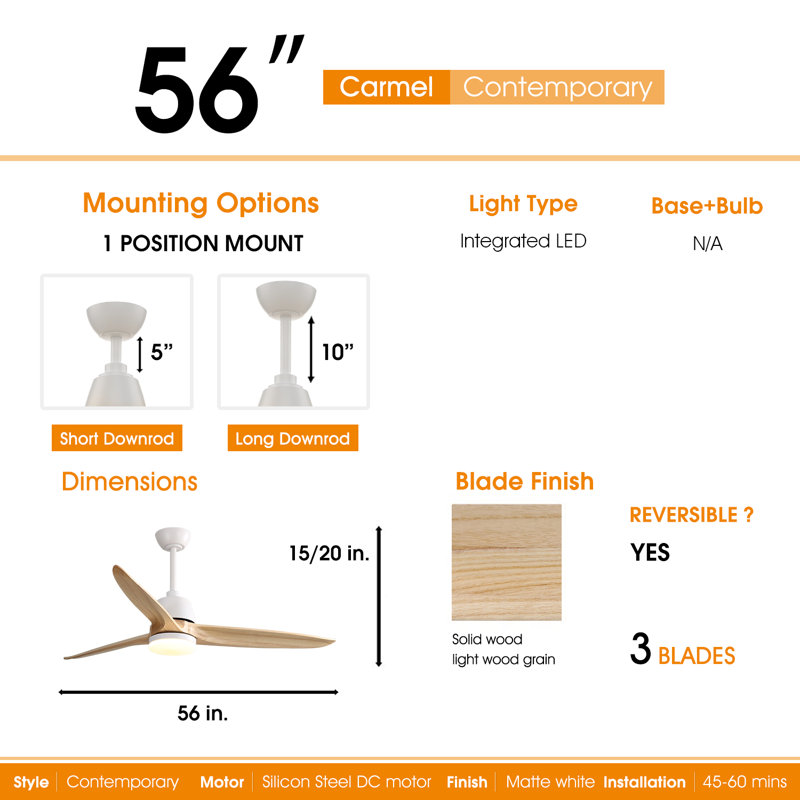 Kemp 56" 3-Solid Wood Blade Modern Propeller Ceiling Fan with Remote Control and LED Light Kit, White with Burlywood Blades