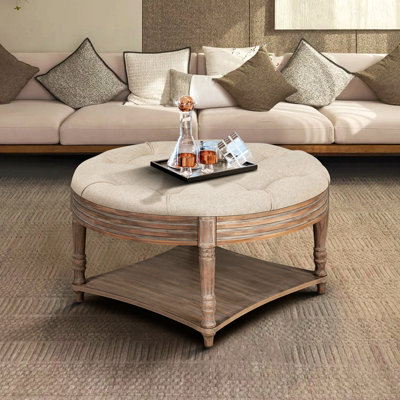 Grande table basse ronde avec repose-pieds imperméable surdimensionnée à 2 niveaux avec capitonnage à boutons et tablette en bois