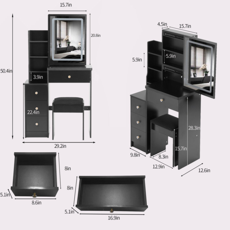 29.2" Small Size Left Bedside Cabinet Vanity Table + Cushioned Stool, Large Sliding, Touch Control, Tri-Color Switching, Brightness Adjust LED Mirror, High Capacity Storage, Suitable For Small Space