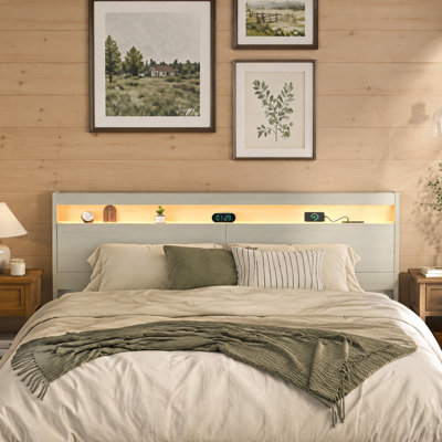 Queen Size Headboard with LED Lights, Storage Compartment & Built-in Charging Station, White Wood Grain Modern Headboard Only for Bed with RGB Ambient Light, Remote & App Control