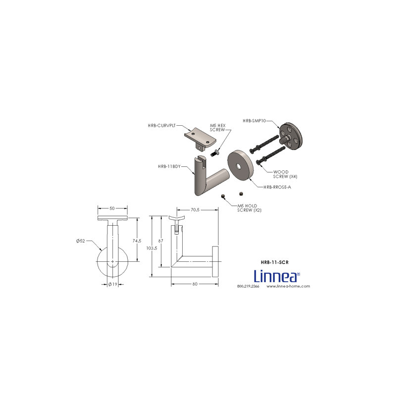 Surface Mount Handrail Bracket with Round Rose and Curved Plate, Polish Stainless Steel