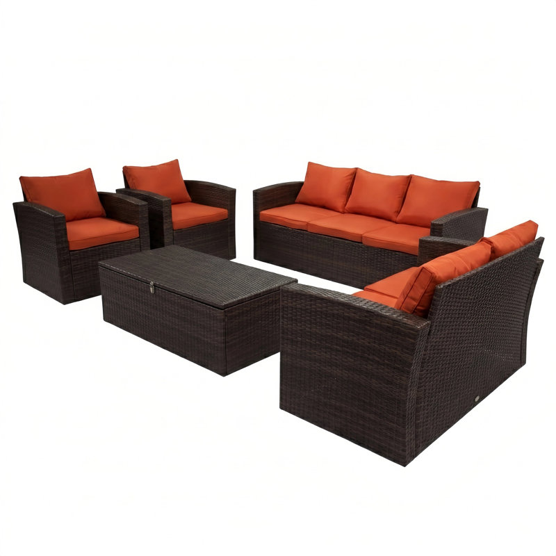 Ana 7-Person Outdoor Wicker Patio Conversation with Light Blue Cushions & Storage, Orange/Dark Brown