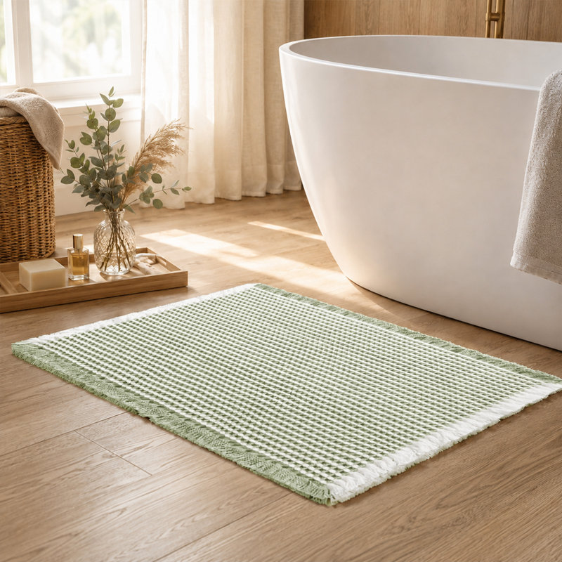 Ensemble de tapis de bain à franges gaufrées - 2 pièces, 17" W x 24" L+20" W x 32" L, Sage/White