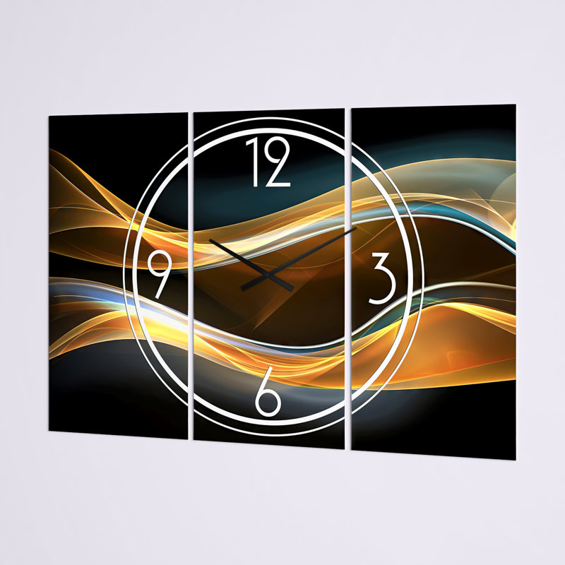3D Gold Waves in Black - Modern wall clock