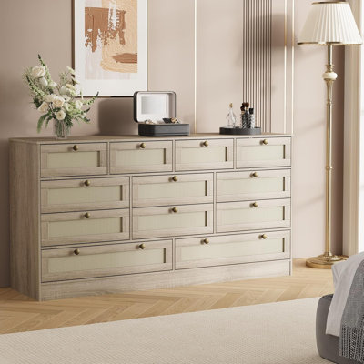 Commode 12 tiroirs en bois noir pour chambre à coucher - Commode large en rotin, meuble télé en bois robuste pour téléviseur de 65 po, rangement profond pour le salon, le placard, le couloir
