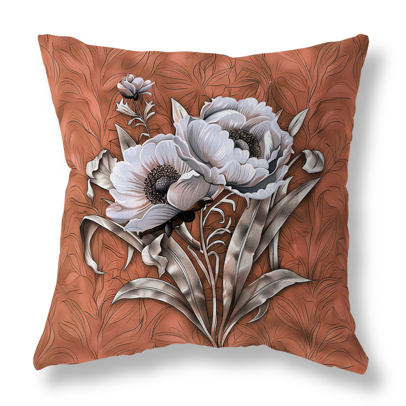 Coussin décoratif intérieur / extérieur Peony, H 26 po x l 26 po, Orange/crème