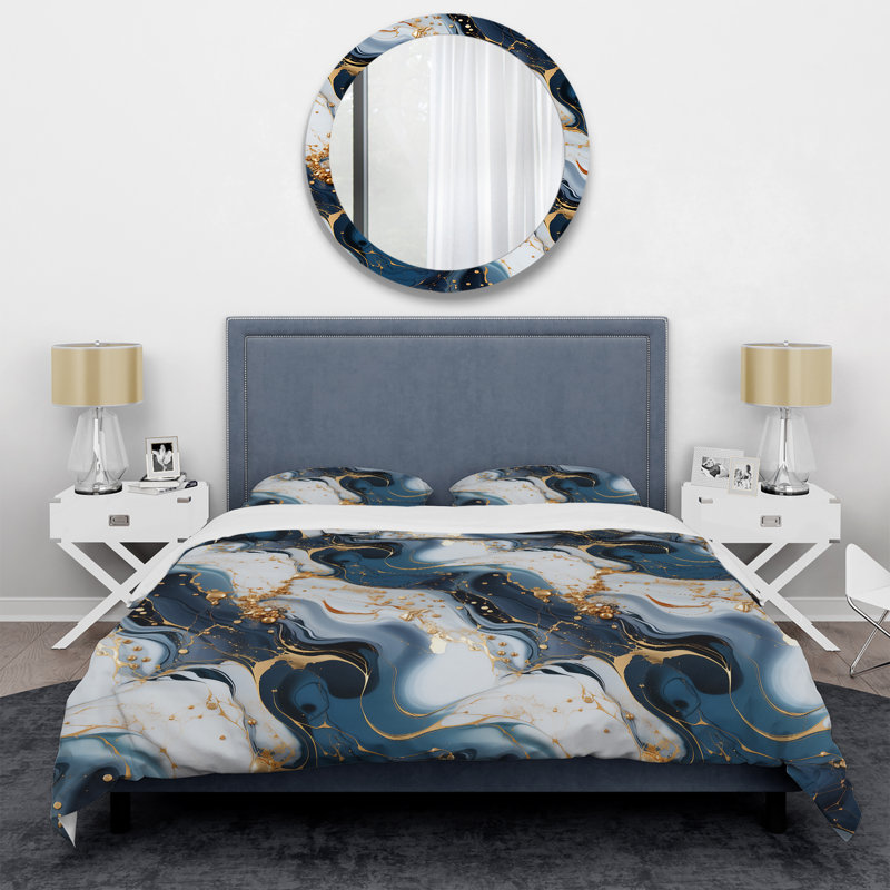 Ensemble de housse de couette à motif de veines dorées et marbre bleu II, Housse de couette pour grand lit et 2 taies décor