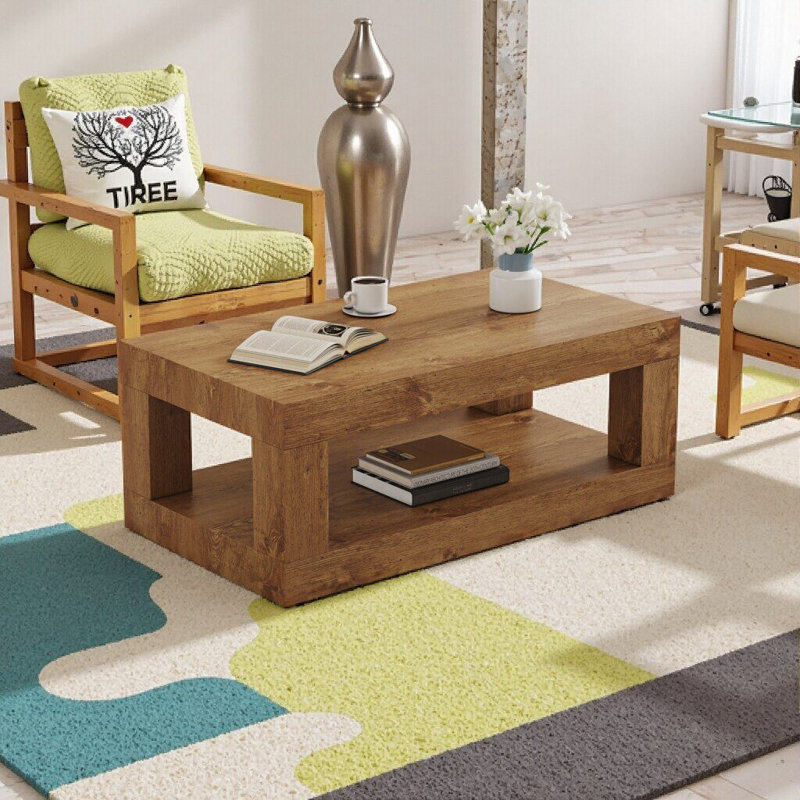 Table basse 39,4 po à 2 niveaux avec rangement Mid-Century - Rustic Farmhouse, Bois naturel
