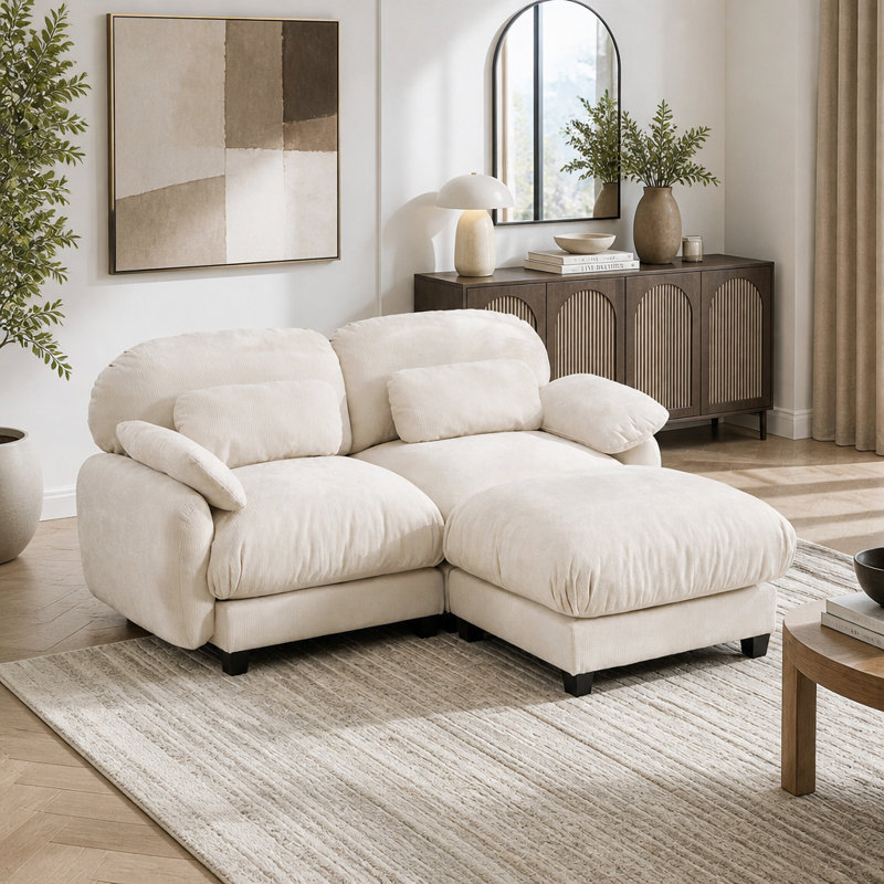 Canapé 2 places en L avec repose-pieds amovible Cloud Feel, Beige Chenille