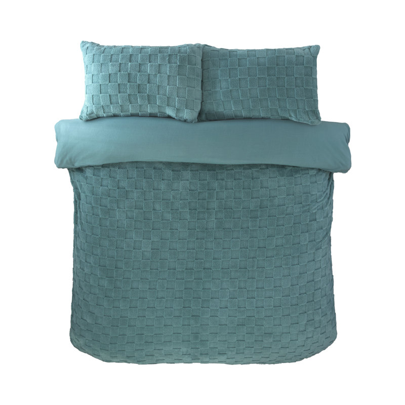 Luxury Check Teddy Fleece Polyester Chequered Duvet Cover Set with Pillowcases Included, Blue Chequered