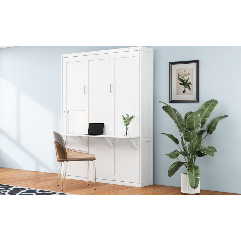 Lit double et bureau - Espace efficace pour étudier de couleur blanche Assemblage facile Supporte 61,5 pouces en bois massif 600 lb + finition d'optimisation dissimulée