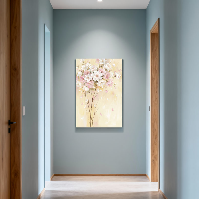 Plantes et fleurs roses et blanches sur des branches, H 40 po x l 28 po