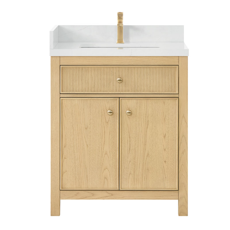 Meuble-lavabo simple 30 po Rian en chêne scandinave, comptoir en quartz Giotto, lavabo carré encastré (1 trou), garniture bronze satiné