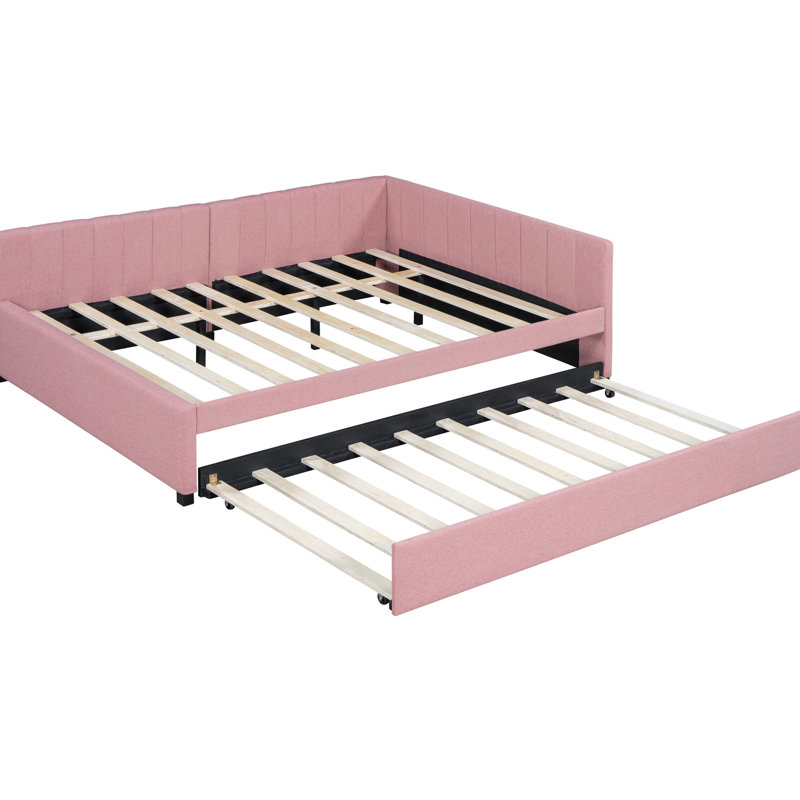 Lit de jour rembourré avec lit gigogne - Lit en lin rose, sans sommier pour une chambre à coucher contemporaine, Rose
