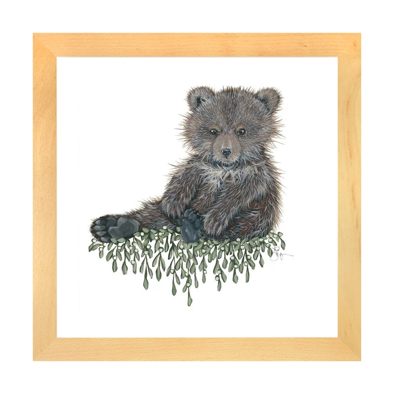 Bébé ours - reproduction d'art, H 24 po x l 24 po x p 1 po, Papier encadré de bois naturel, Blanc
