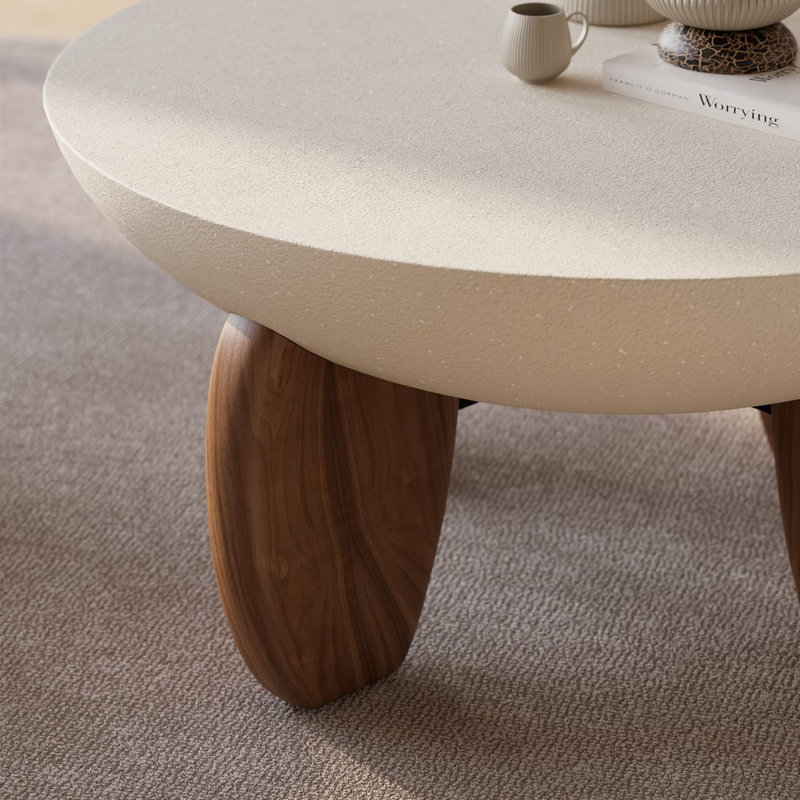 Curva Round Coffee Table With Wood Legs, Beige Wood