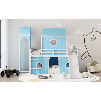 Lit mezzanine bleu simple avec glissoire et tour de tente rose - Construction en pin, placement réglable, glissade en forme de clôture pour la chambre à coucher, tente, fabrication de qualité pour, conception en bois, semi-fermée