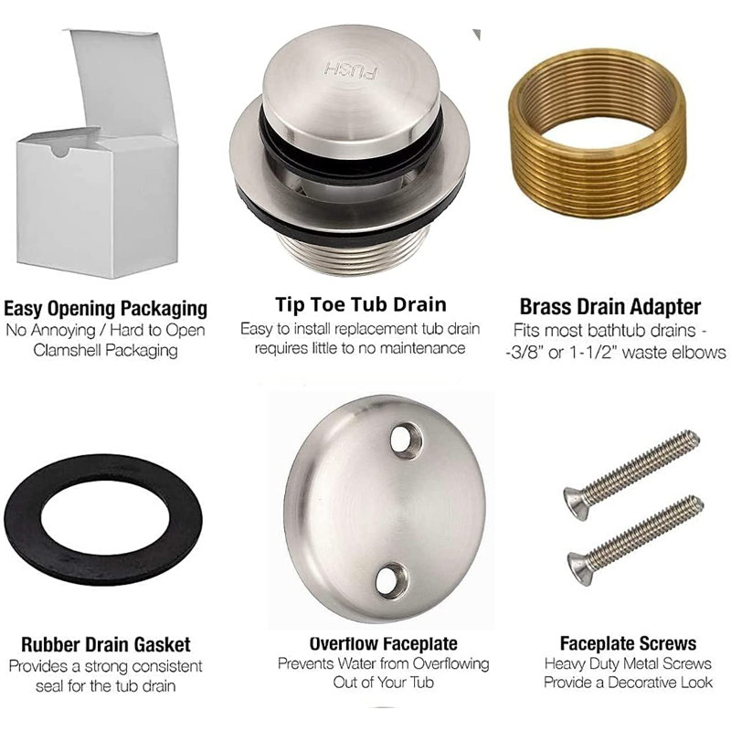 Maui Tip Toe Style Conversion Kit Bathtub Tub Drain Assembly, All Brass Construction, Brushed Nickel
