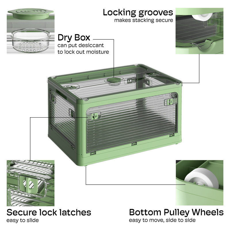 Extra Large Collapsible Storage Box Bin, 5 Side Clear Open Access Stackable w/ Lid, Green