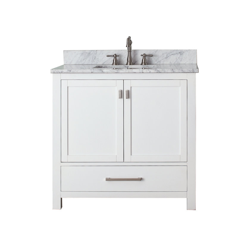 Modero 36" Single Bathroom Vanity with Top, Carrera White Marble, White, Brushed Nickel