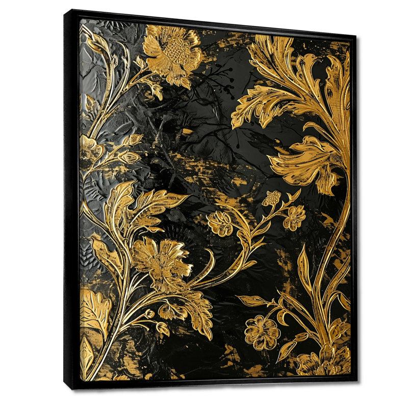 Feuilles d'or, botanique, rétro, salon, art mural, H 20 po x l 12 po x P 1 po, Toile avec cadre flottant noir