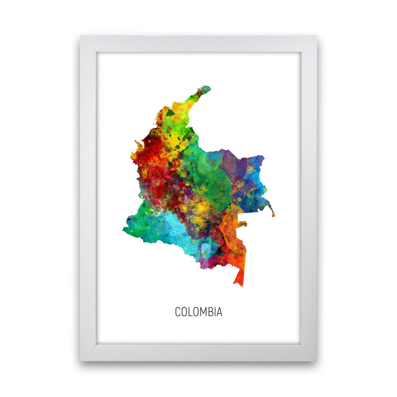 Colombia Watercolour Map by Michael Tompsett - Print, 88cm H x 64cm W x 3cm D, White Framed