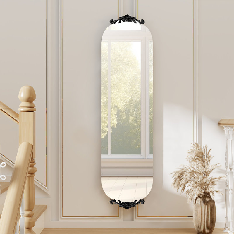 Frameless Full-length Mirror with Carved Decoration, Black
