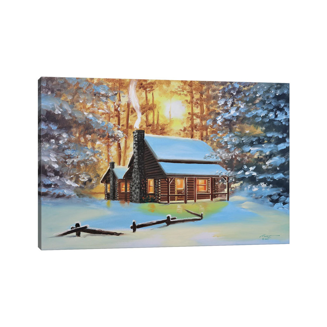 Cute Snow-Covered Cabin In The Woods von D. "Rusty" Rust - Gallery-Wrapped Canvas Giclée on Canvas