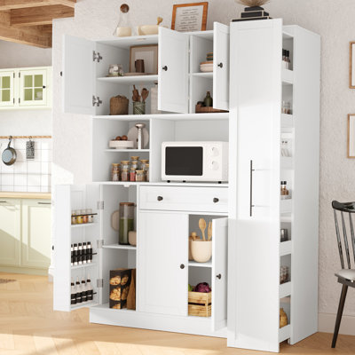 Buffet autoportant traditionnel 52,8 x 17,7 x 70 pouces avec huche, grande armoire de rangement pour garde-manger avec armoire latérale coulissante, tablettes de porte et tiroir, blanc