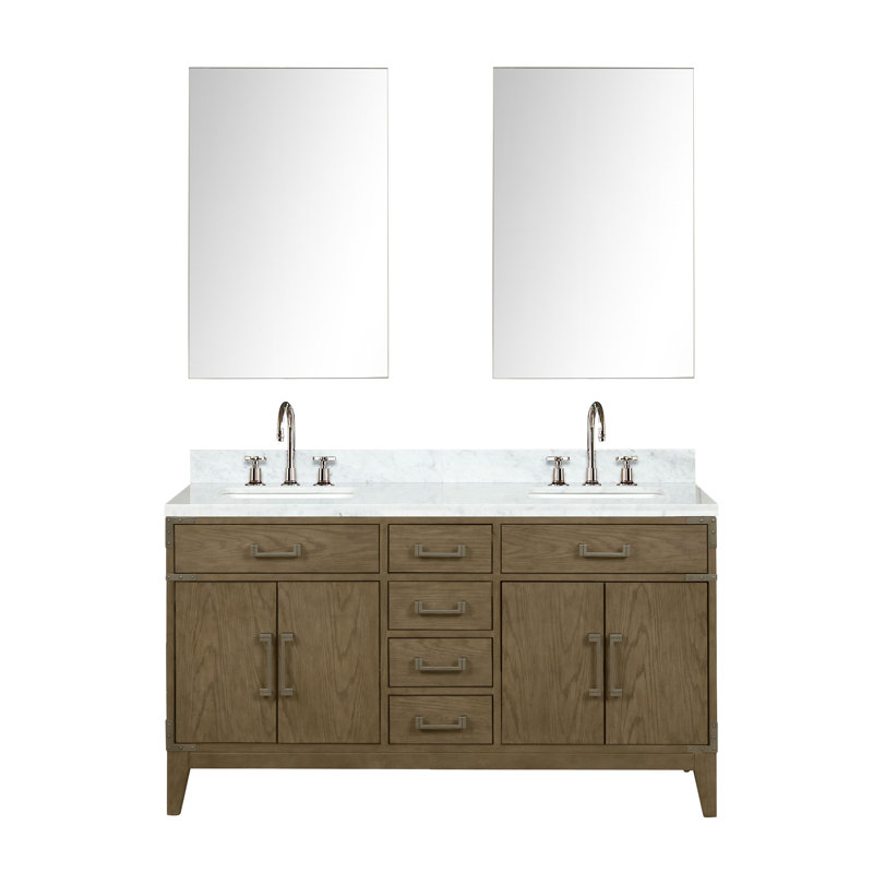 Laurel 60 in W x 22 in D Double Bath Vanity Mirrors with Faucet Set, White Carrara Marble, Grey Oak