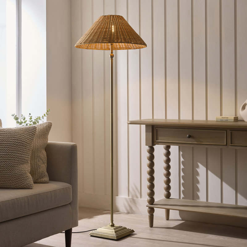 155 H cm Matte Traditional Floor Lamp, Antique Brass, Dark Rattan
