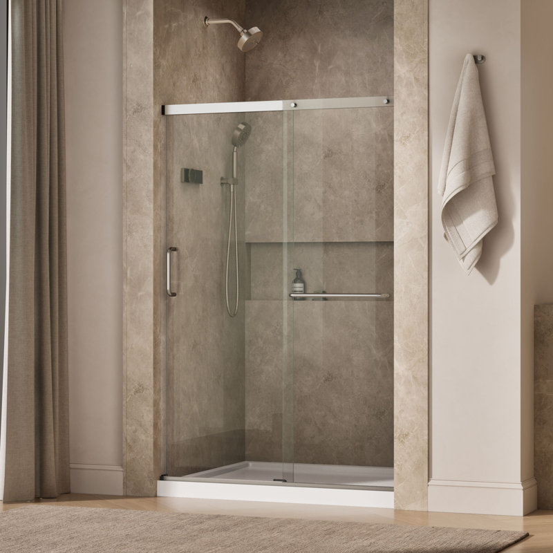 Elate Sliding Shower Door, 70-1/2-In H X 44-1/4 - 47-5/8-In W, With 1/4-In Thick Frosted Glass, Nickel/Clear