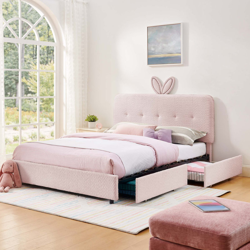 Lit tapissier pour enfants avec tête de lit surdimensionnée pour oreilles de lapin et éclairage DEL, Pink