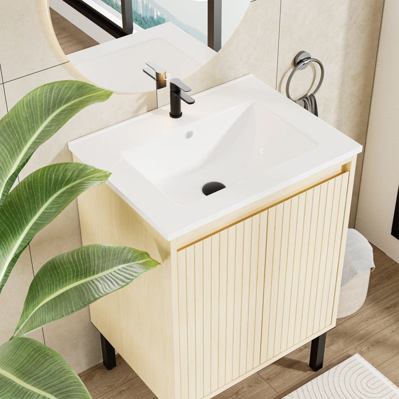 Ensemble de meuble-lavabo simple de style Mid-Century avec dessus de lavabo, portes à fermeture douce, Chêne
