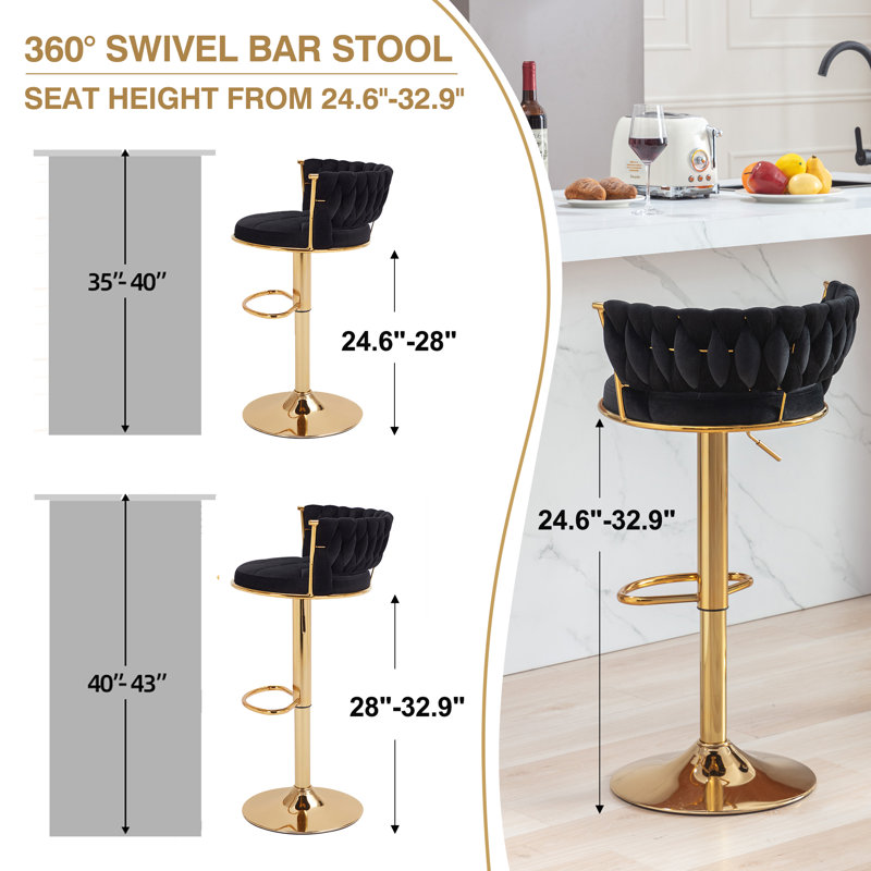 Set of 4 Modern Woven Velvet Bar Stool, Height Adjustable Swivel Counter Height Barstools with Backrest, Upholstered Island Chairs with Gold Base for Kitchen, Bar, Dining Room