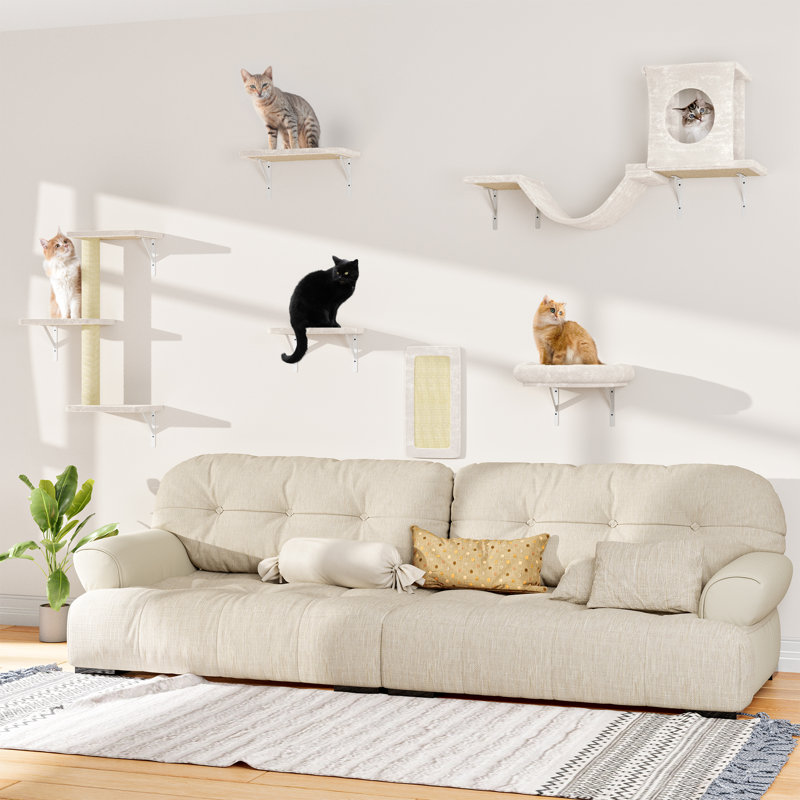 Ensemble d'escalade mural pour chat avec perchoir flottant, pont, maison de chaton, aire de jeu de bricolage, Beige
