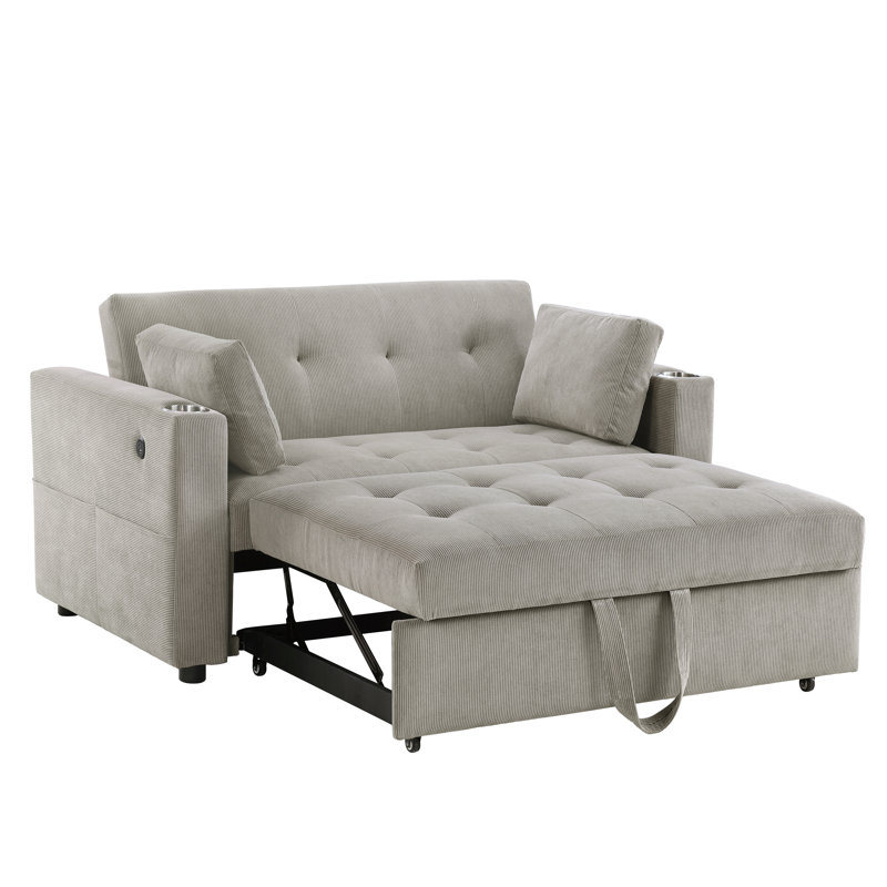 Causeuse convertible en velours côtelé de 57 po de largeur avec porte-gobelets, ports USB, pochettes pour magazines, coussins, capitonnage