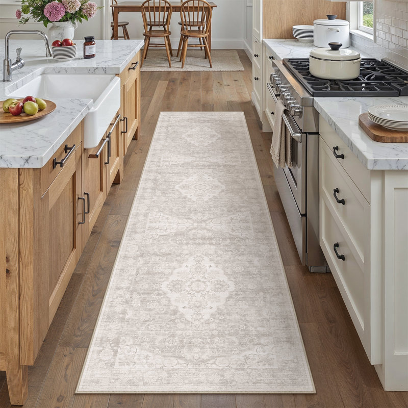 Vintage Medallion Machine Washable Area Rug With Non-Slip Backing, Runner 2' x 8', Beige