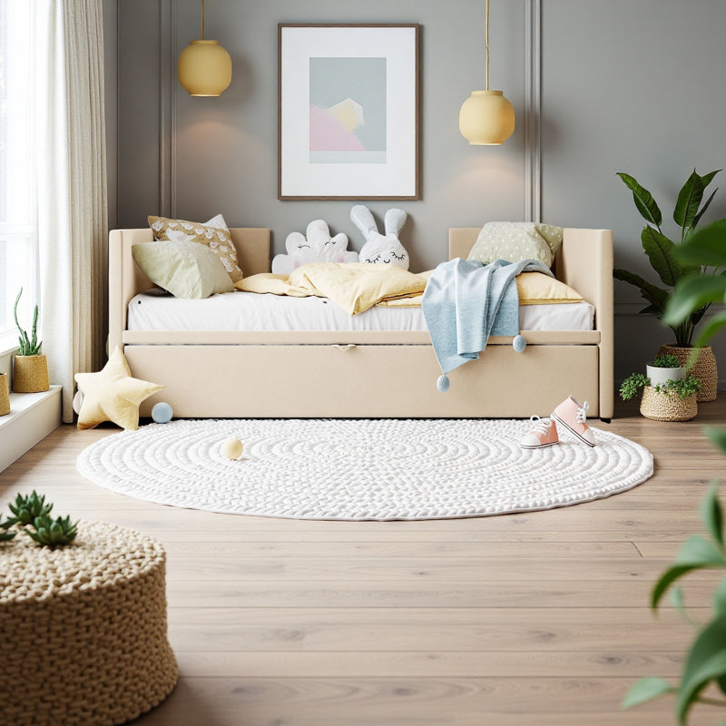 Twin Size Upholstered Daybed With Pop Up Trundle, Beige