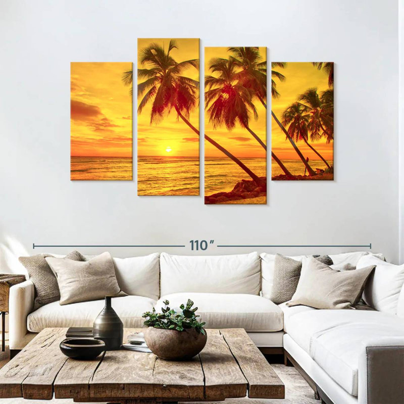 Gillard, Barbade, coucher de soleil, palmiers, H 48 po x l 75 po