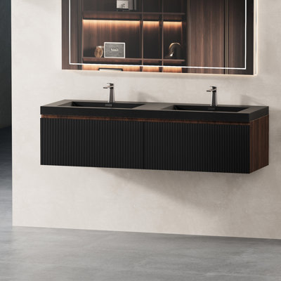 Meuble-lavabo de 60 po avec deux lavabos en quartz, tiroirs à fermeture en douceur, design texturé ondulé, finition noyer fumé et encre noire, pré-assemblé pour une installation facile, tampon de planches E1